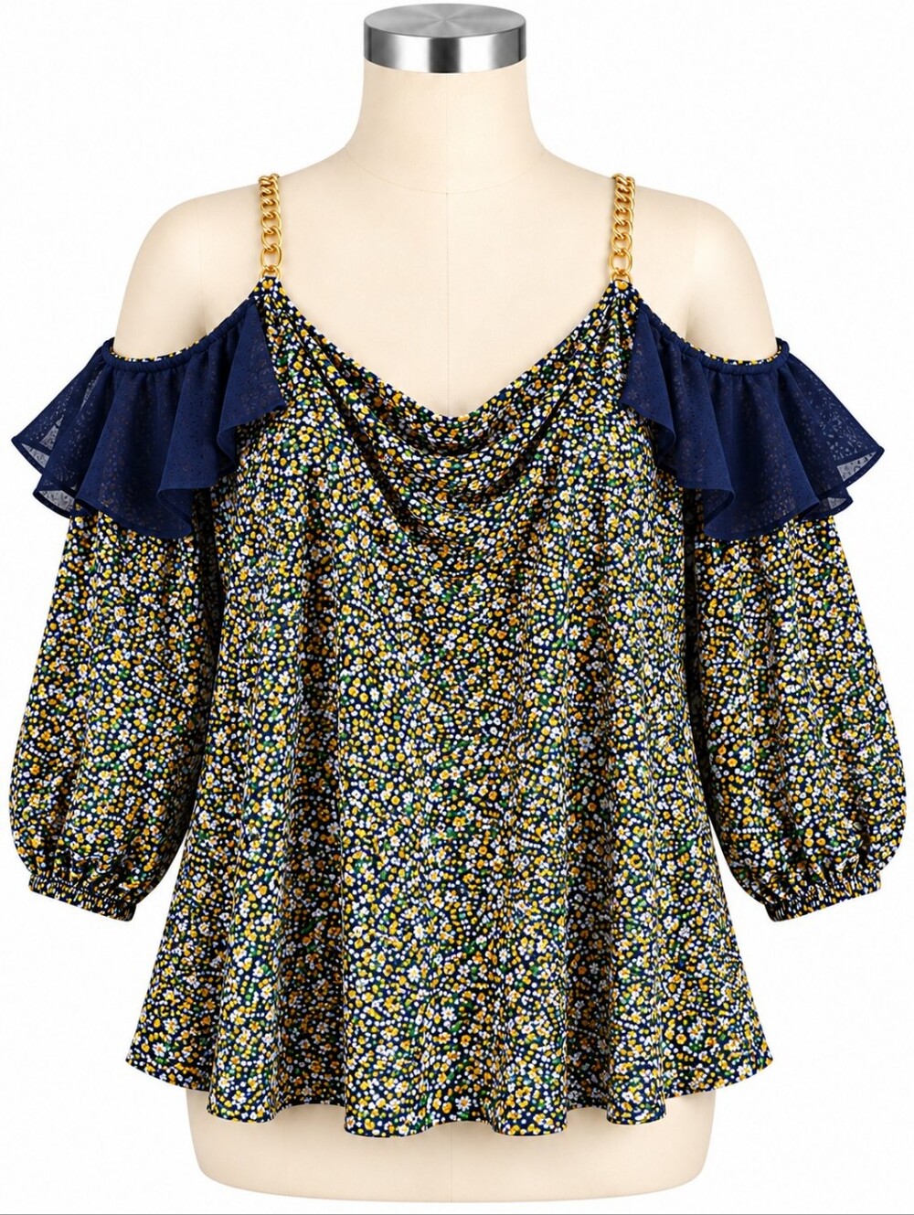 MICHAEL Michael Kors 2X Cold Shoulder Top Floral Chain Detail Ruffle Blouse Plus